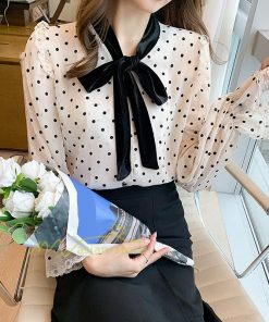 シャツ・ブラウス | ブラウス レディース 長袖ブラウス 秋服 オフィスブラウス リボンネック オシャレブラウス プリントトップス 韓国風 大人 ゆったりシャツ 通勤OL ドット柄 上品