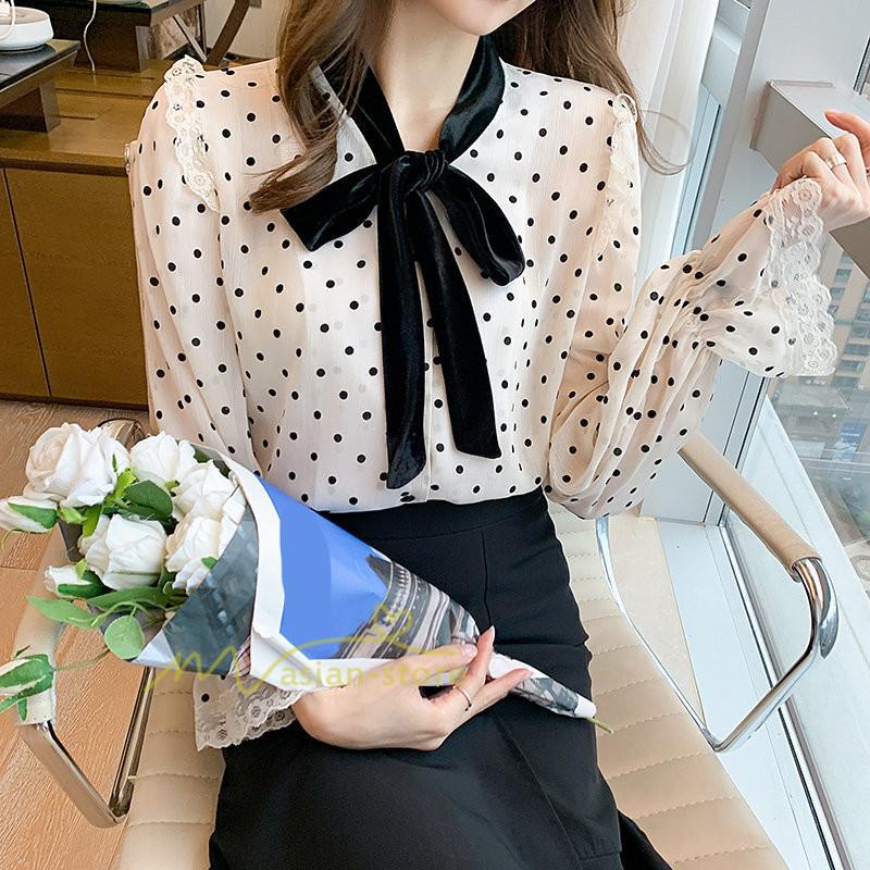 シャツ・ブラウス | ブラウス レディース 長袖ブラウス 秋服 オフィスブラウス リボンネック オシャレブラウス プリントトップス 韓国風 大人 ゆったりシャツ 通勤OL ドット柄 上品