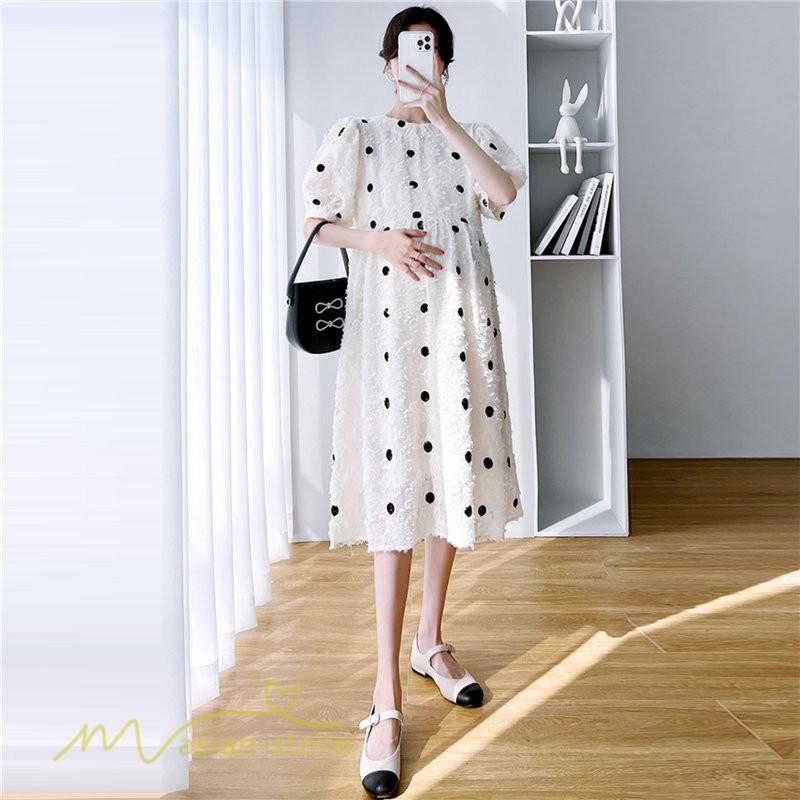 ワンピース | マタニティウェア レディース 半袖 ドット柄 着痩せ マタニティクルーネック 大きいサイズ 産前 マタニティ お出かけ 妊婦着 ゆったり