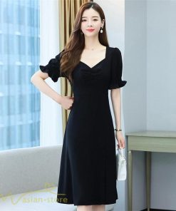 ミディアム | ワンピース レディース 着痩せ 半袖 Vネック カジュアル Aライン おしゃれ ミディアムワンピース エレガント 大きいサイズ 黒 夏 サマーワンピース 夏服 新作