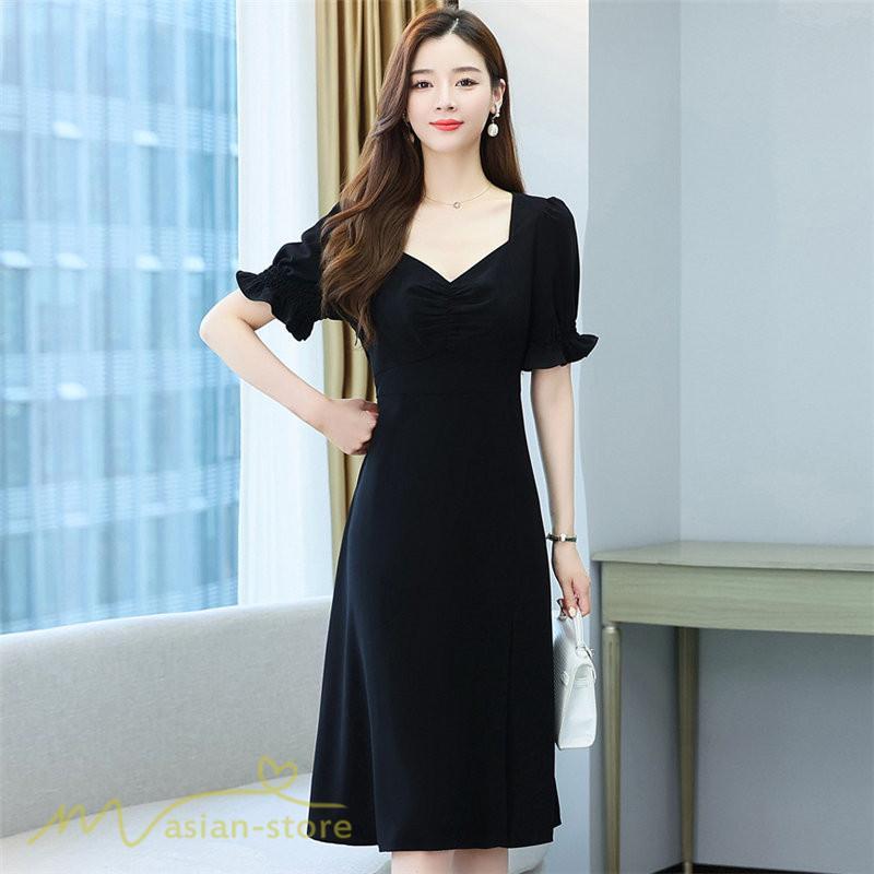 ミディアム | ワンピース レディース 着痩せ 半袖 Vネック カジュアル Aライン おしゃれ ミディアムワンピース エレガント 大きいサイズ 黒 夏 サマーワンピース 夏服 新作