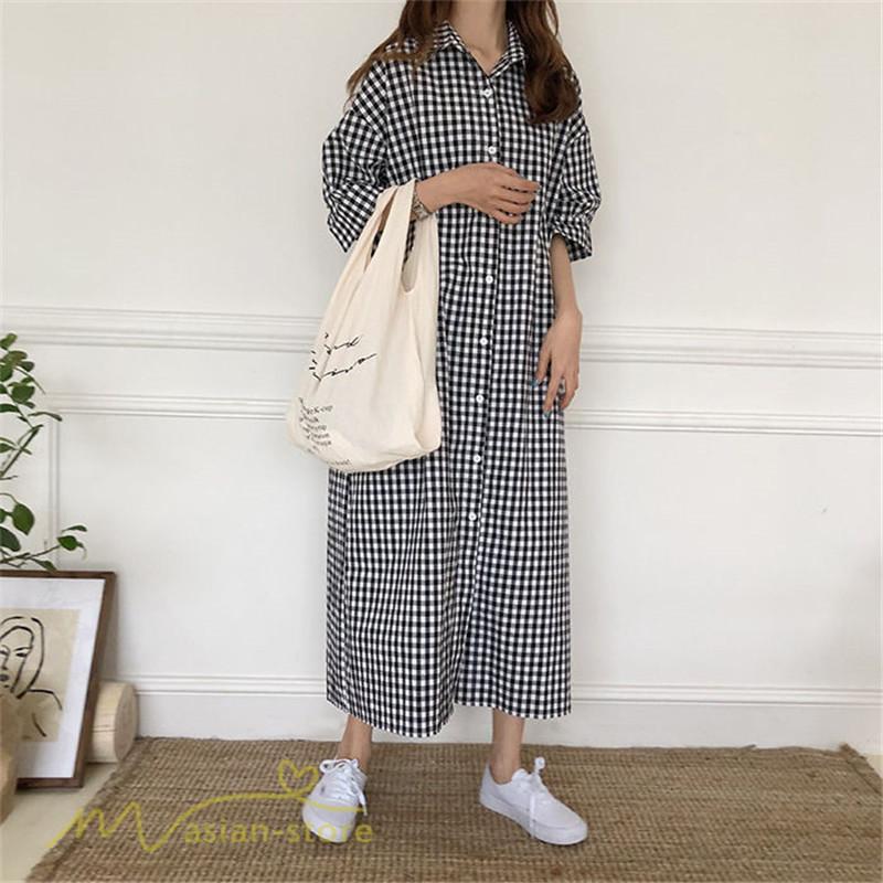 マキシ | ワンピース シャツワンピース チェック柄 可愛い マキシワンピース レディース 5分袖 春 夏 秋 20代 30代 着痩せ Aラインワンピース フリーサイズ 40代 50代