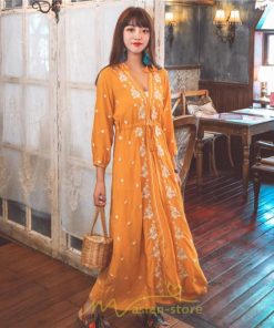 マキシ | ワンピース 七分袖 春夏秋 ロング丈 コットン 大人可愛い  ゆったり 柔らかい シンプル カジュアル ナチュラル 旅行 Aライン エスニック 着痩せ 刺繍 リゾート