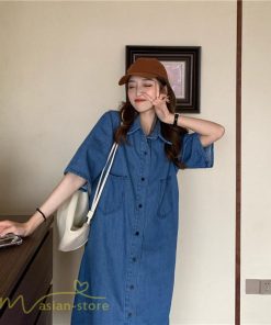ミディアム | ワンピース デニムワンピース 半袖 ひざ丈 シャツワンピース 夏新作 体型カバー デニム フリーサイズ レトロ風 カジュアル 膝丈 かわいい 無地 ワンピ きれいめ