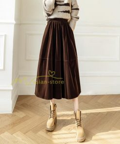 スカート | ロングミモレ丈 Aラインフレアビロードウエストゴム ハイウエスト 秋冬 無地 ゆったり 大人 通学通勤 エレガント