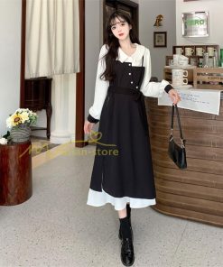 マキシ | ロングワンピース 秋物 レディース ミモレ丈 Aラインワンピース 黒白 フェイク レイヤード風 重ね着風 30代40代 シャツカラー お呼ばれワンピース 50代 着やせ