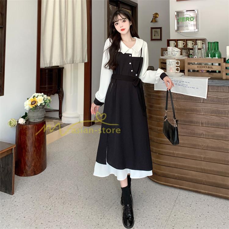 マキシ | ロングワンピース 秋物 レディース ミモレ丈 Aラインワンピース 黒白 フェイク レイヤード風 重ね着風 30代40代 シャツカラー お呼ばれワンピース 50代 着やせ