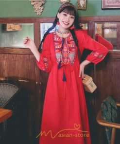 マキシ | ロングワンピース  レディース 夏 秋 夏秋 リゾート ロング ワンピ 長袖 大人 白 黄色 青 赤 四色展開 がーりー 刺繍 レトロ風 かわいい おしゃれ きれいめ 上品