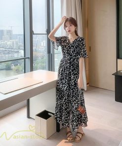 マキシ | ワンピース レディース マキシワンピース 小花柄 Vネック 半袖 5分袖 サマーワンピース シフォン Aラインワンピース 春 エレガント 夏 ウエストゴム ロング丈