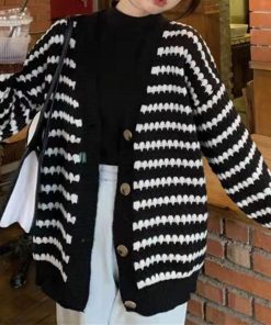 カーディガン | 配色ボーダー柄ニットカーディガンVネック