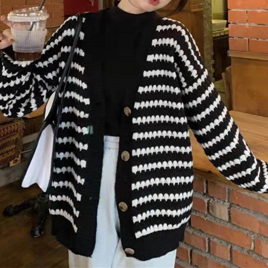 カーディガン | 配色ボーダー柄ニットカーディガンVネック