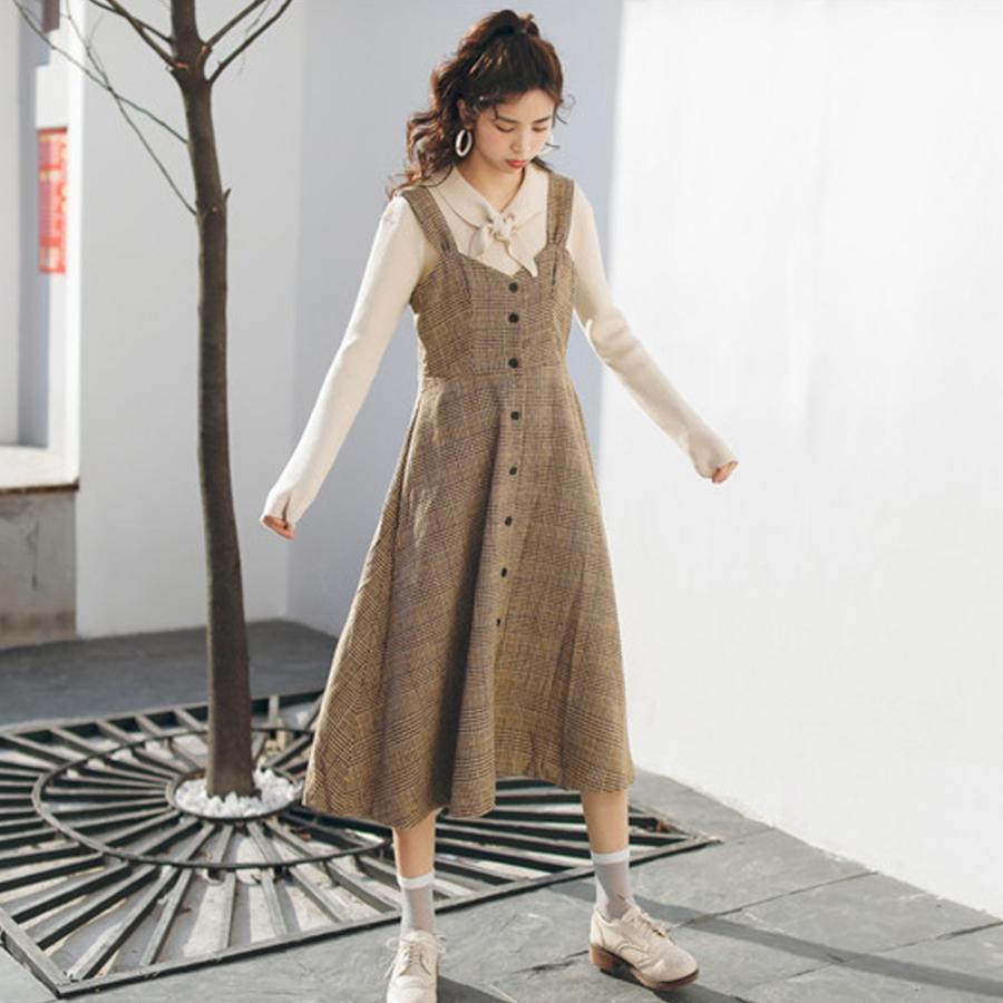 オールインワン | スカート ワンピース ロング 秋冬 チェック ジャンパースカート サロペット オールインワン 大人 グレンチェック