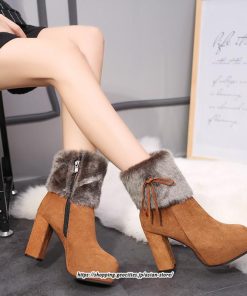 ブーツ | ショートレディース 10cmハイヒール ファー 冬用 保温防寒 太めヒール サイドジッパー あったか 痛くない オシャレ 冬靴 痛くない 歩きやすい