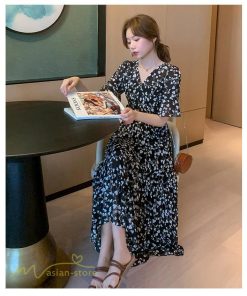 マキシ | ワンピース レディース マキシワンピース 小花柄 Vネック 半袖 5分袖 サマーワンピース シフォン Aラインワンピース 春 エレガント 夏 ウエストゴム ロング丈
