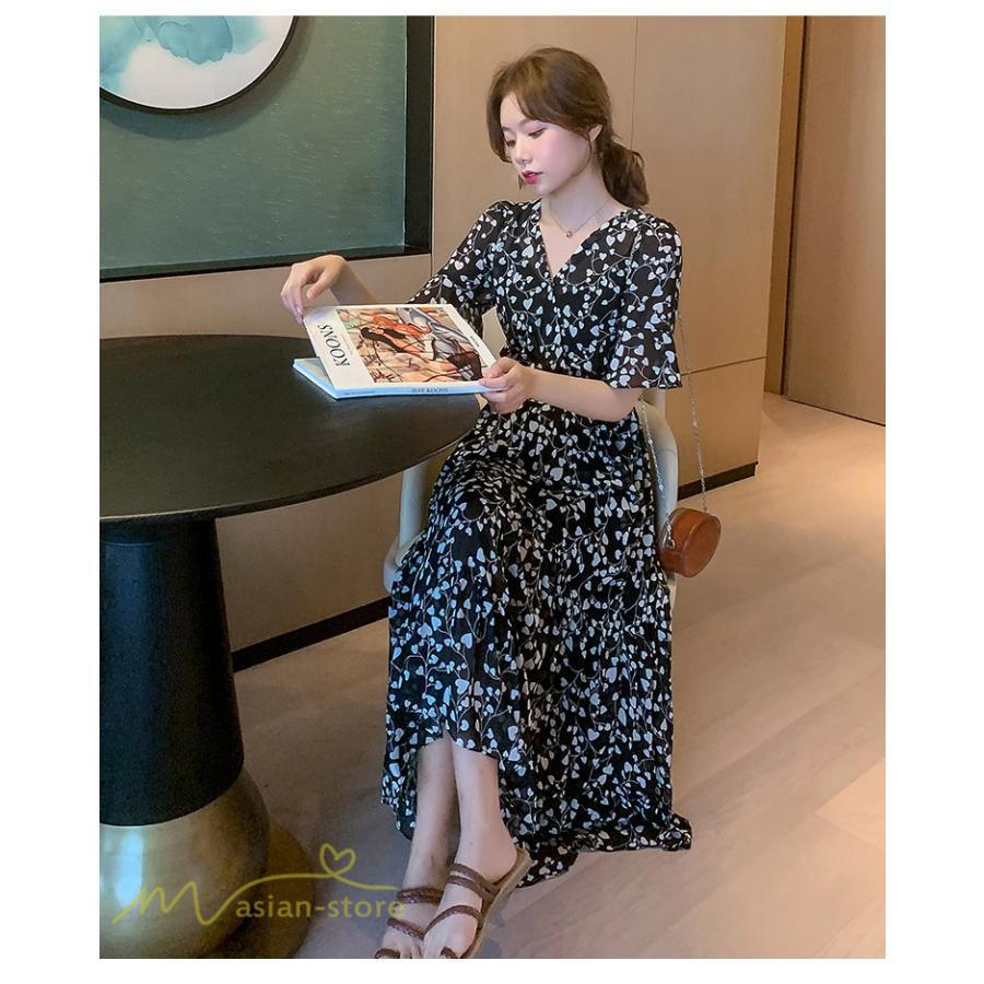 マキシ | ワンピース レディース マキシワンピース 小花柄 Vネック 半袖 5分袖 サマーワンピース シフォン Aラインワンピース 春 エレガント 夏 ウエストゴム ロング丈