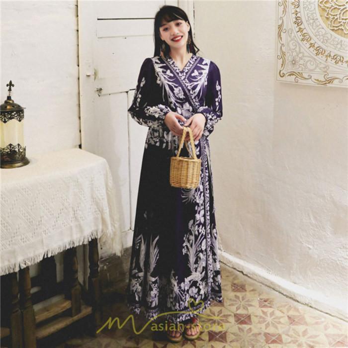 マキシ | マキシワンピース ロングワンピース レディース 夏 秋 長袖 紺 ゆったり Aライン 花柄プリント きれいめ リゾート 大人 20代 母 40代 同窓会 二次会 ママ 30代