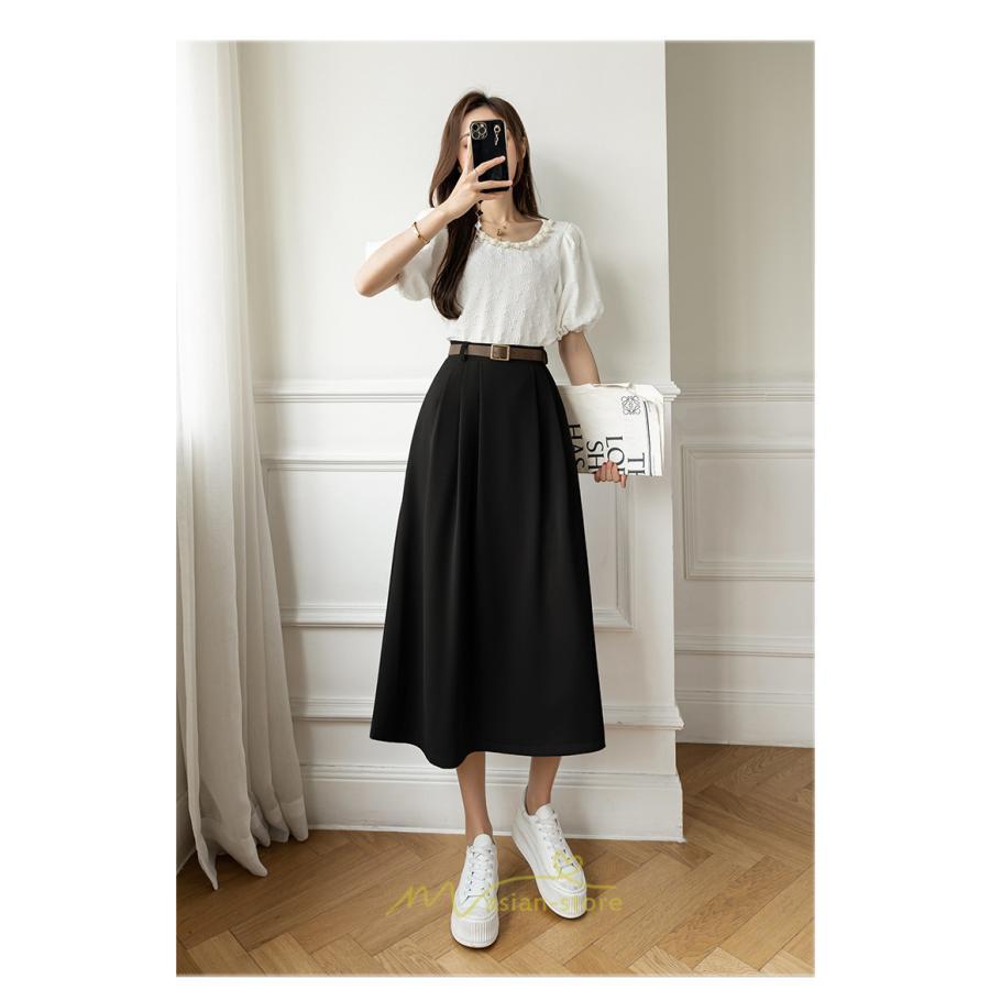 スカート | Aラインミモレ丈 裏地付き ボトムス 春 夏 黒 ベージュ カーキ おしゃれ お呼ばれ ファッション 女子会 カジュアル 無地 デート
