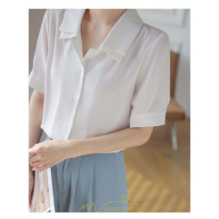 シャツ・ブラウス | トップス ブラウス 半袖 シャツ レディース オフィス フォーマル 白 黒 開襟 二重襟 バブルスリーブ 着痩せ フランス風 仕事服 クラシック 無地 通勤 大人 上品