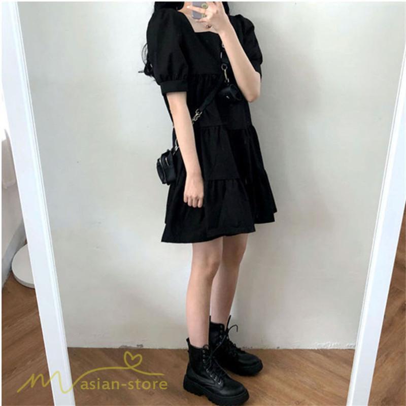 ミニ丈 | ワンピース 無地 レディース ショートワンピース 半袖 かわいい スクエアネック サマーワンピース 夏新作 カジュアル 黒 Aラインワンピース XL ゆったり 白