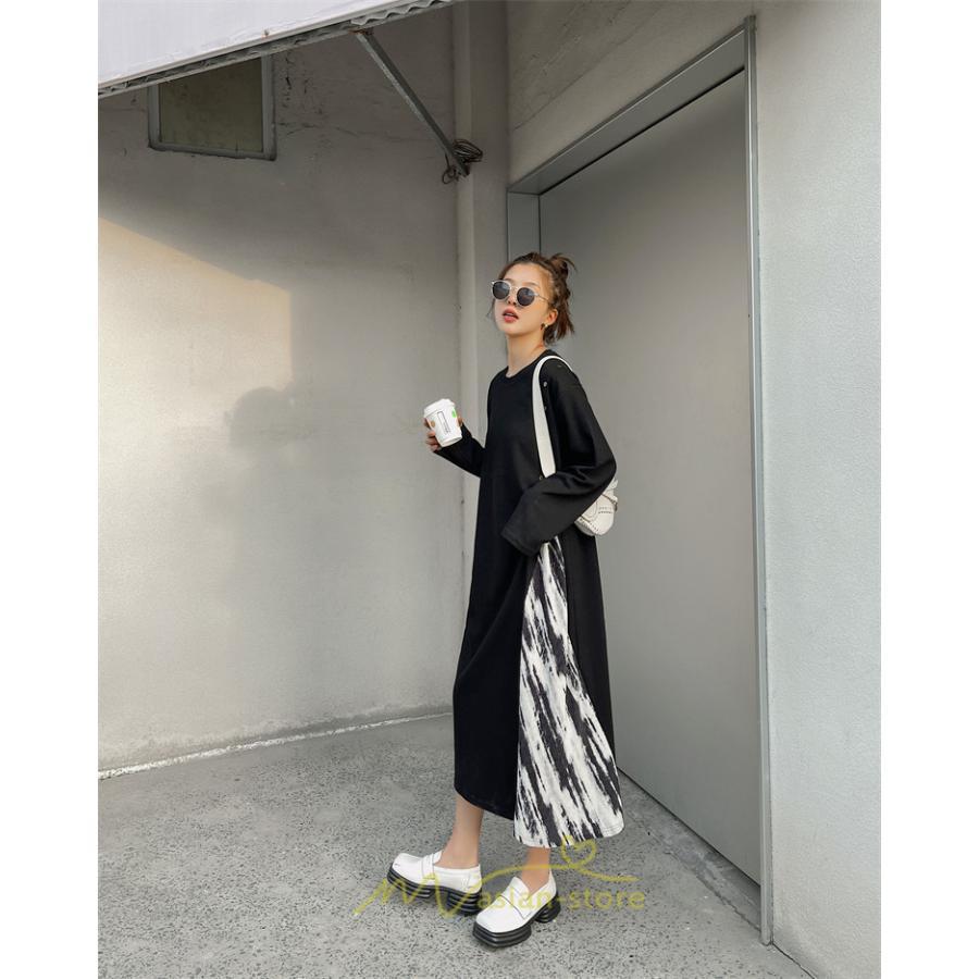 マキシ | ドッキングワンピース 秋 レディース 長袖ワンピース ロングワンピース 切り替えワンピース フェイク レイヤード風 お呼ばれワンピース ゆったり 大きいサイズ