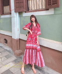 マキシ | 夏ワンピース ロングワンピース フレアワンピース 五分袖 落ち感 涼しい Vネック 大人 可愛い 旅行 パーティードレス お呼ばれワンピース 30代40代 ビーチ