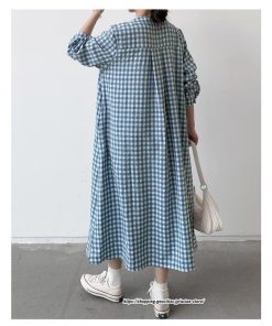 マキシ | 長袖ワンピース チェック柄ワンピース ロングワンピース レディース 秋物 ワンピース 楽チン 綿ワンピース 綿シャツワンピ スタンドカラー ゆったり 大きめ