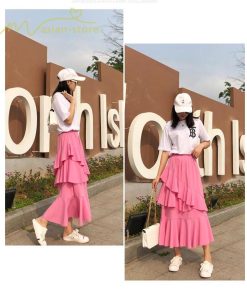 スカート | Aライン フレア裾 不規則アシンメトリー シフォン 韓国風 ティアード フリーサイズ 2020夏コーデ プリーツフレア ウエストゴム ハイウエスト