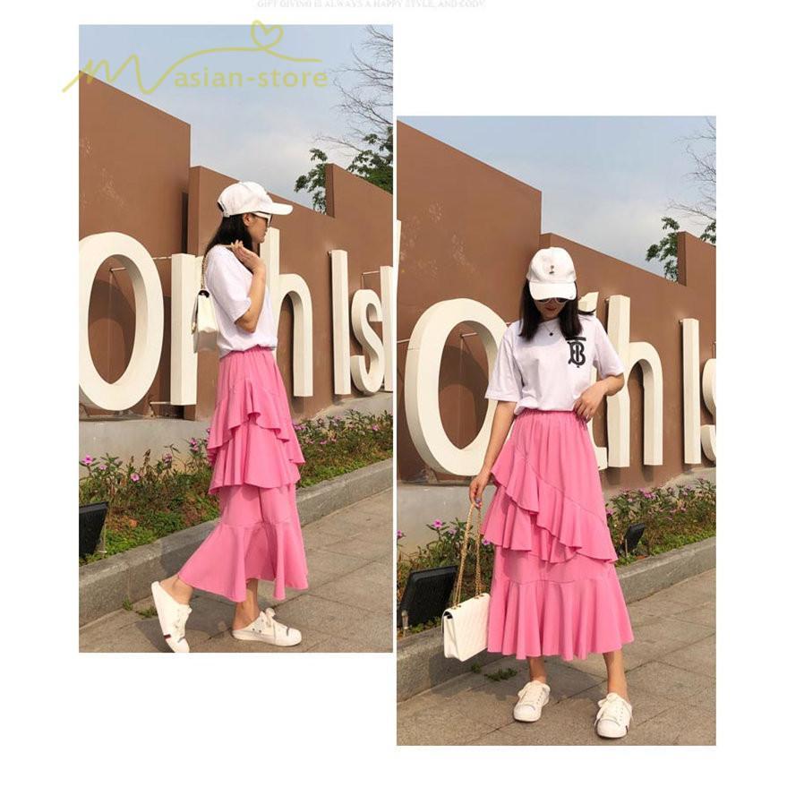 スカート | Aライン フレア裾 不規則アシンメトリー シフォン 韓国風 ティアード フリーサイズ 2020夏コーデ プリーツフレア ウエストゴム ハイウエスト