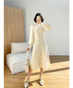 ニットワンピース | レディース 冬 きれいめ ニットフレア ロング おしゃれ ハイネック パフスリーブ 着痩せ エレガント おしゃれ フェミニン 送料無料 可愛い