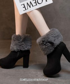 ブーツ | ショートレディース 10cmハイヒール ファー 冬用 保温防寒 太めヒール サイドジッパー スエード調 痛くない 冬靴 オシャレ 歩きやすい 痛くない