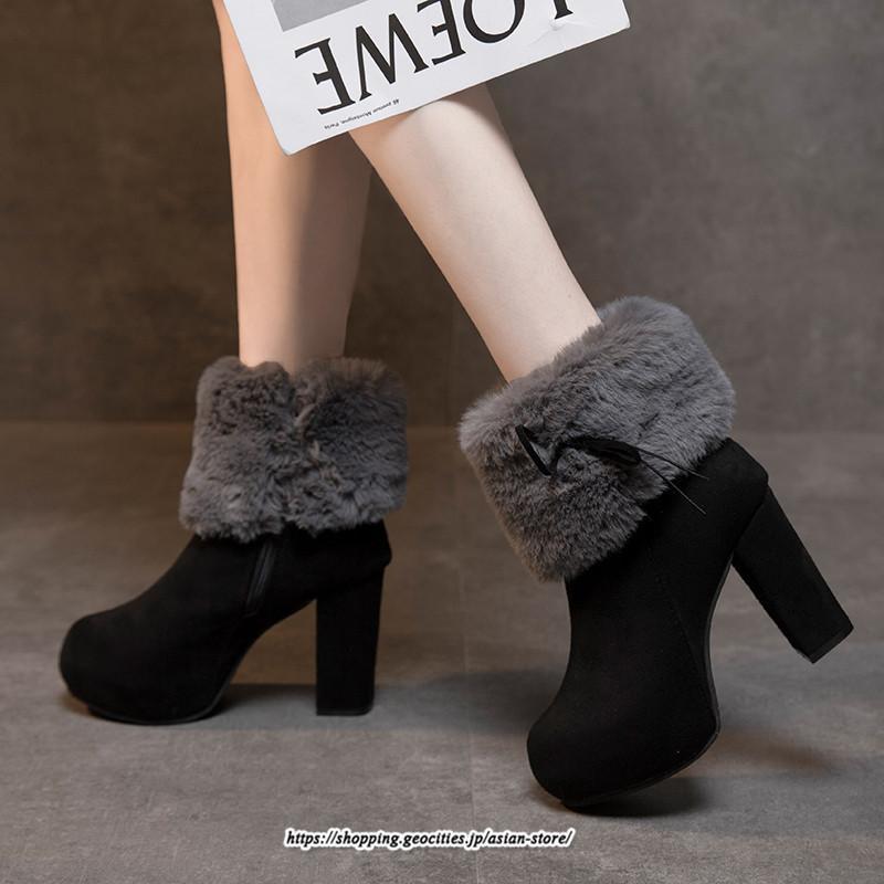 ブーツ | ショートレディース 10cmハイヒール ファー 冬用 保温防寒 太めヒール サイドジッパー スエード調 痛くない 冬靴 オシャレ 歩きやすい 痛くない