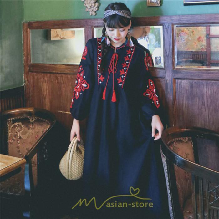 マキシ | 花柄ワンピース 丸首 リゾート ワンピース レディース 長袖 夏秋 ロング丈 マキシ丈 大人 上品 刺繍 綿麻 二次会 女子会 旅行 お出かけ コットン バカンス