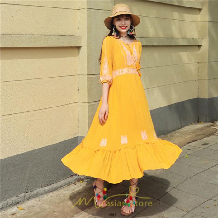 マキシ | ワンピース きれいめ レディース 夏 秋 ロング 上品 大人 七分袖 お出かけ 高見え 赤 白 黄色 上質 20代 50代 40代 ゆったり リゾート 30代 旅行 体型隠し