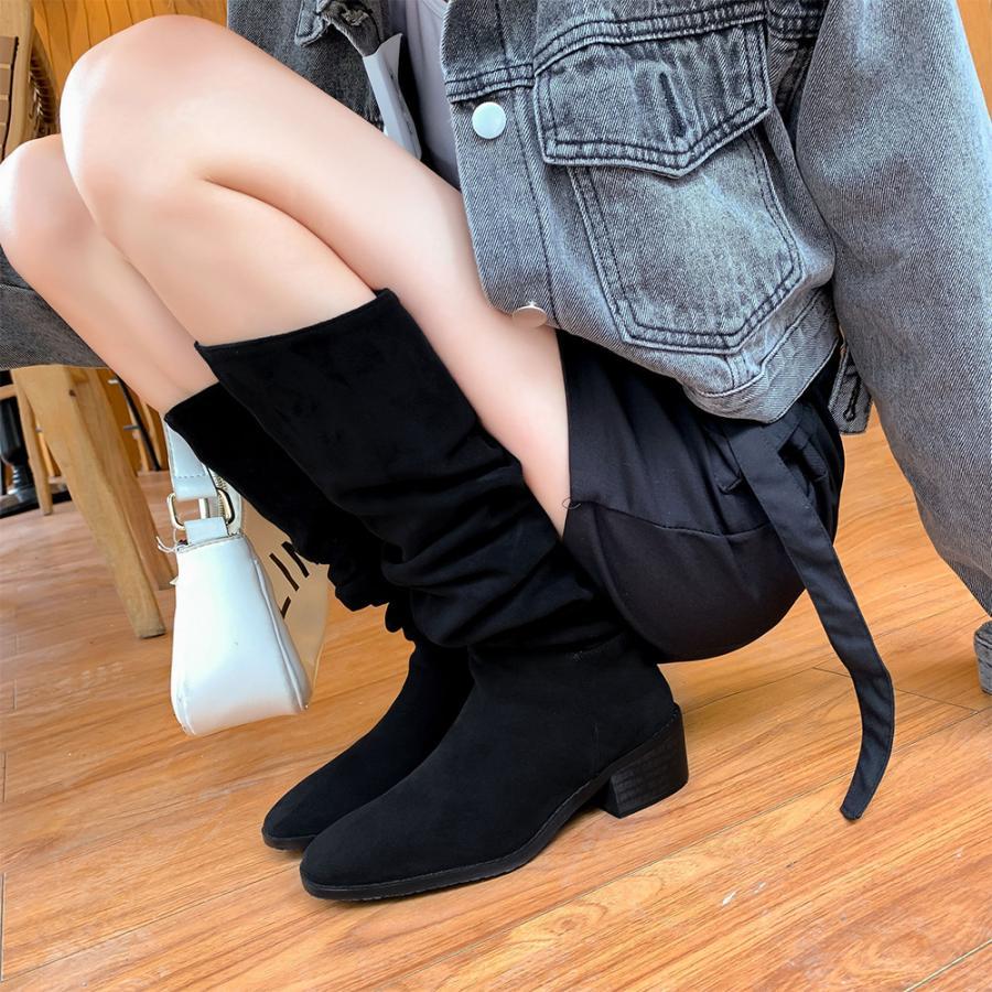 ニーハイブーツ | スエード調 ジョッキーブーツ ローヒール