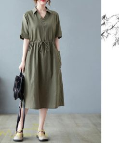 マキシ | ワンピース ゆるワンピース 無地 シャツワンピース ネック 麻混 ひざ丈 ウエスト紐 カジュアル ポケット 体型カバー ゆったり 30代 50代 夏物 40代 シンプル
