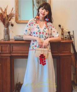 マキシ | ワンピース レディース リゾートワンピ かわいい 半袖 Ｖネック 刺繍 上品 Aライン ロング丈 ロング丈ワンピ エスニック風 結婚式 ファッション 二次会 卒業式