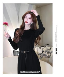 ミディアム | ワンピース 無地 きれいめ 30代 40代 50代 着やせ 上品 大きいサイズ ミモレ丈 長袖 春夏秋冬 丸首 ミモレ丈 ひざ丈 長袖 パフスリーブ