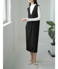 ノースリーブ | タンクワンピース 秋物 レディース ワンピース サイドポケット Vネック バックスリット入れ 20代50代 通学通勤 無地 大人 2022秋冬