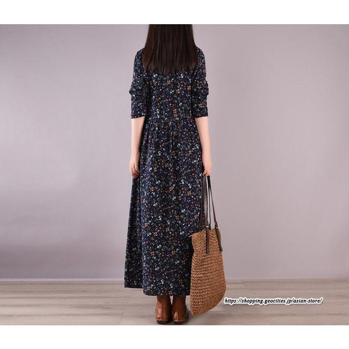 マキシ | 花柄ワンピース30代レディース秋物 リネンワンピース 綿麻風 シャツワンピース ロングワンピース ミモレ丈 長袖ワンピース リボン付き 秋ワンピース 大人