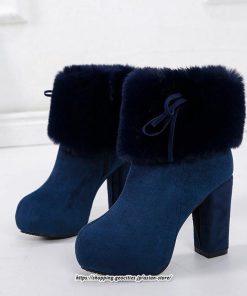 ブーツ | ショートレディース ハイヒール 10cmヒール 厚底 冬用 保温防寒 スエード調 ファー 靴 冬靴 太めヒール シューズ サイドジッパー 痛くない