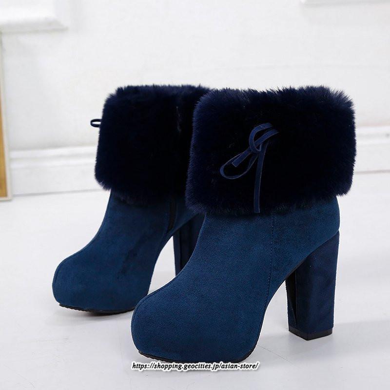 ブーツ | ショートレディース ハイヒール 10cmヒール 厚底 冬用 保温防寒 スエード調 ファー 靴 冬靴 太めヒール シューズ サイドジッパー 痛くない