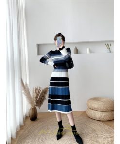 ニットワンピース | ワンピース レディース ニット ワンピース ニット チュニック ロング 長袖 着痩せ 秋冬 送料無料 ボーダー柄 2022新作 韓国風 秋冬コーデ 大人可愛い