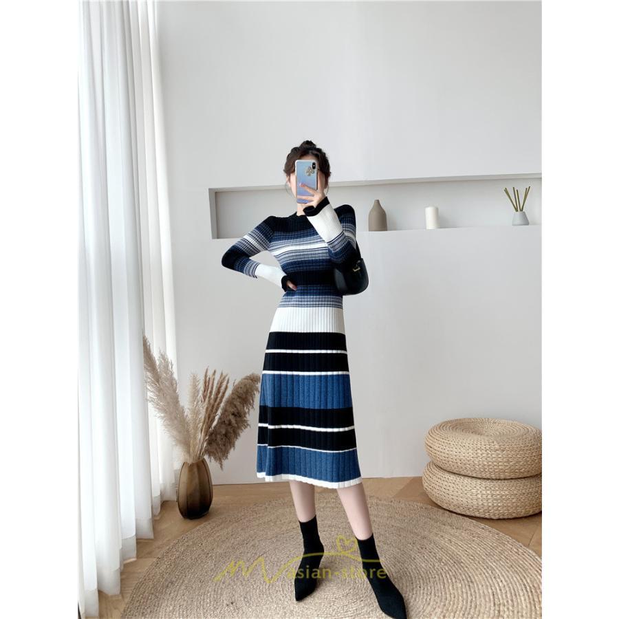 ニットワンピース | ワンピース レディース ニット ワンピース ニット チュニック ロング 長袖 着痩せ 秋冬 送料無料 ボーダー柄 2022新作 韓国風 秋冬コーデ 大人可愛い