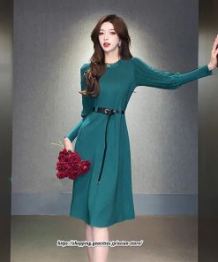 ミディアム | ワンピース 無地 きれいめ 30代 40代 50代 着やせ 上品 大きいサイズ ミモレ丈 長袖 春夏秋冬 丸首 ミモレ丈 ひざ丈 長袖 パフスリーブ