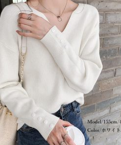 ニット・セーター | ボタン飾り 秋冬 無地 ニットトップス レディース 長袖 ニットセーター シンプルニット プルオーバー きれいめ Vネック