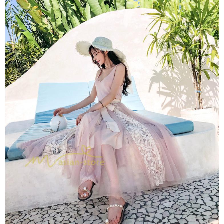 スカート | フレア チュールレディース ロングウエストゴム 春夏 リボン マキシ ドッキング 20代30代40代 着痩せ カジュアル お出かけ