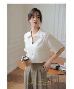 シャツ・ブラウス | ブラウス シャツ 夏 半袖 レディース 白 緑 無地 Vネック 開襟 胸ポケット 通気性 シンプル フランス風 女性 オフィス エレガント 上品 着痩せ 通勤 華奢見え OL