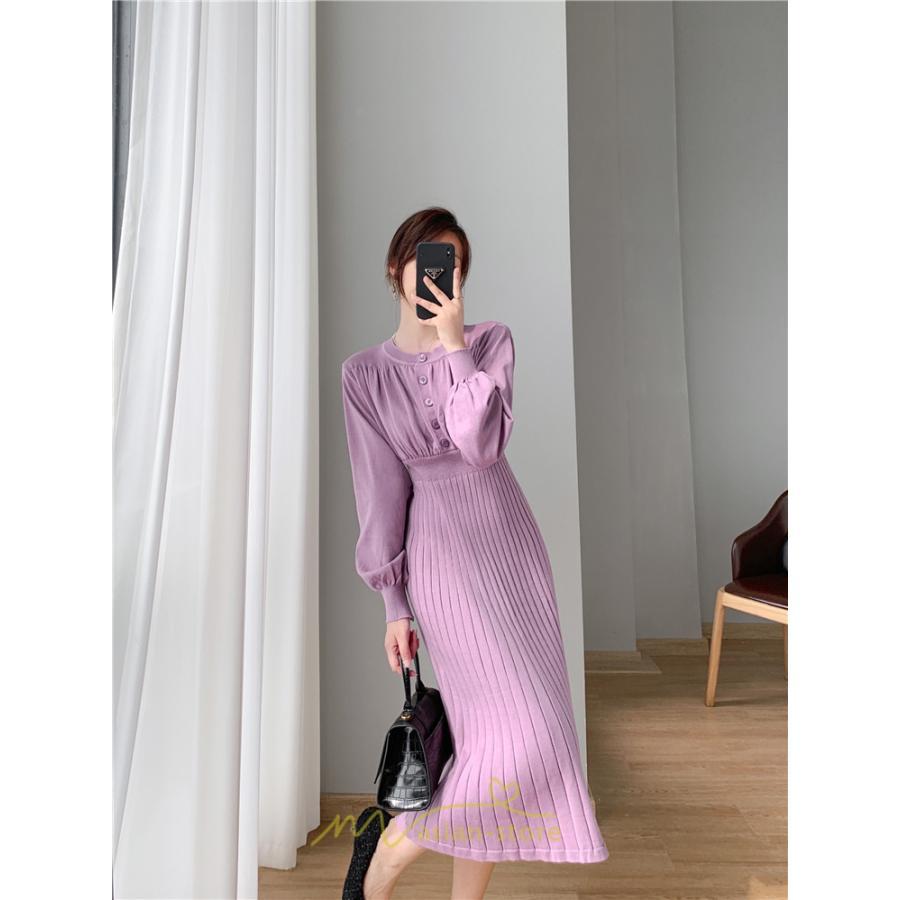 ニットワンピース | レディース 冬 きれいめ ロング おしゃれ 秋冬 長袖 送料無料 着痩せ 無地 通勤 提灯袖 可愛い パフスリーブ 20代30代40代50代