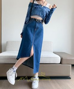 スカート | バッグゴムデニムロング秋冬 ミモレ丈 秋物 レディース 不規則裾 フロントスリット Aライン大きいサイズあり デニム スカート 6XL