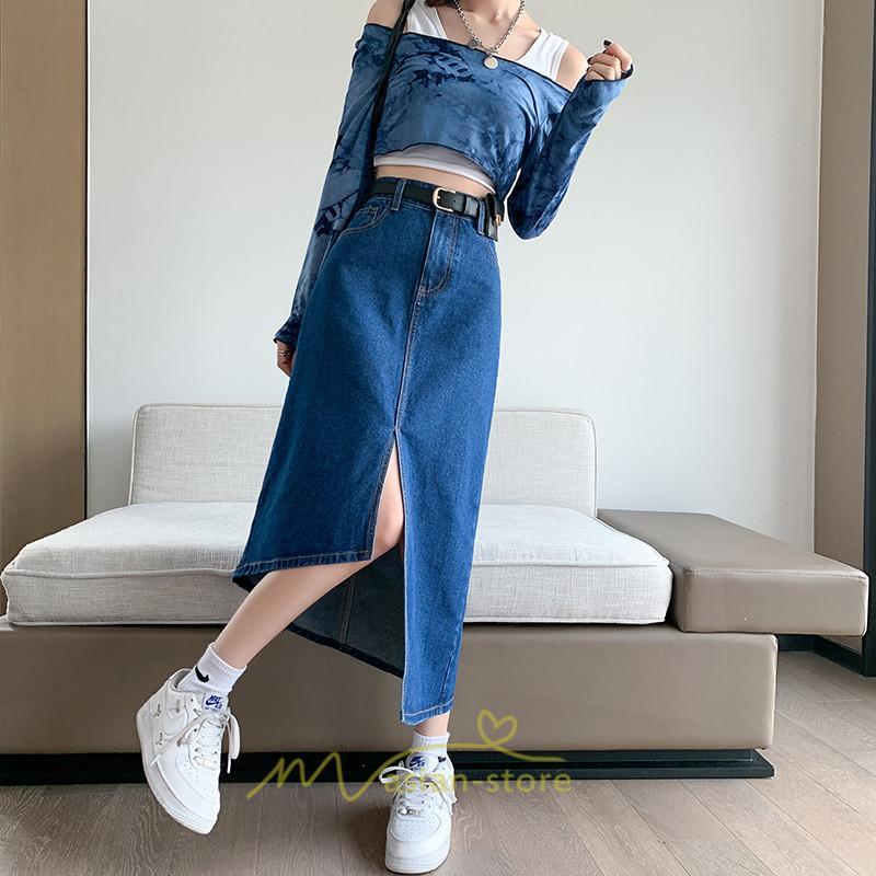 スカート | バッグゴムデニムロング秋冬 ミモレ丈 秋物 レディース 不規則裾 フロントスリット Aライン大きいサイズあり デニム スカート 6XL